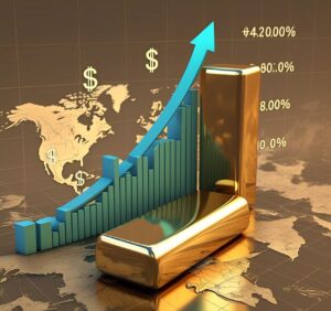 Golden bar with rising gold prices, symbolizing a surge in the global market, with a graph showing an upward trend in the background. The image reflects financial instability and the demand for safe investments, with subtle elements of the US dollar, inflation symbols, and a world map