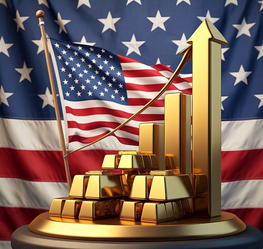 Gold bars with a rising market graph and the US flag, symbolizing the relationship between US tariff policies and the fluctuation of gold prices."