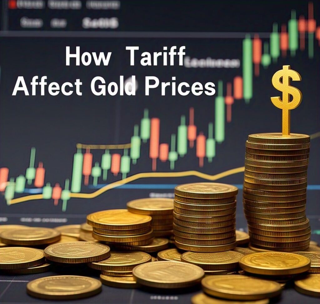"Gold coins with a fluctuating market graph and the US dollar sign, showcasing the impact of US tariff policies on gold prices."