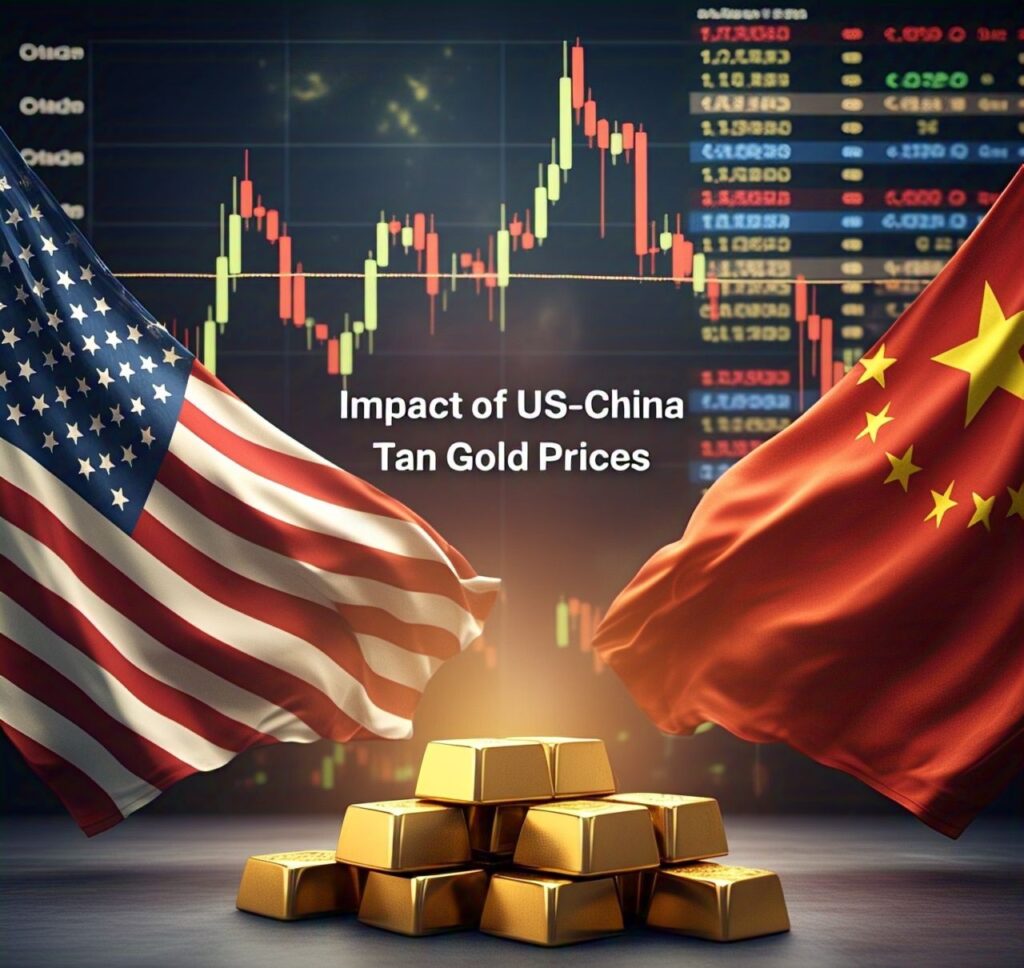 US and China flags with gold bars and a rising price chart, representing the effect of the US-China trade war on gold prices."