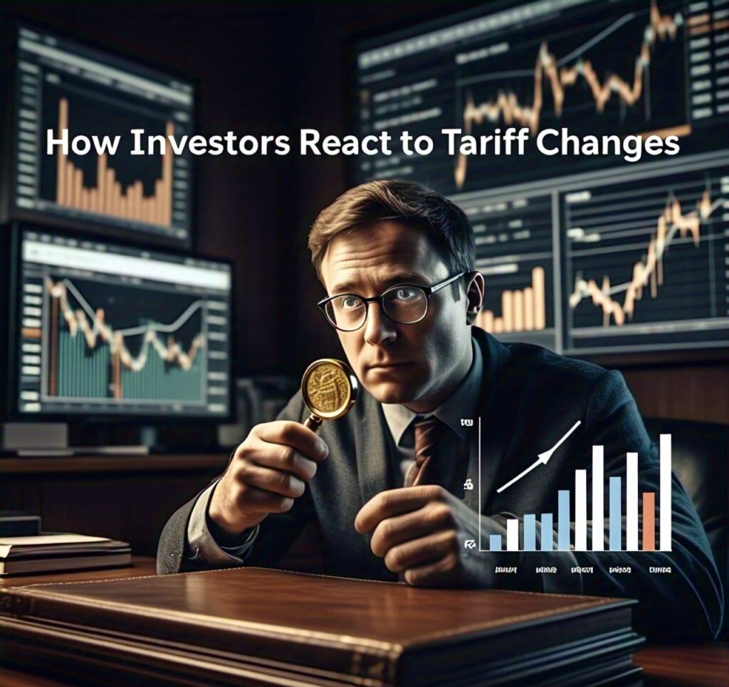 "Investor analyzing a gold coin with a magnifying glass and market charts in the background, reflecting how investors respond to tariff changes."

