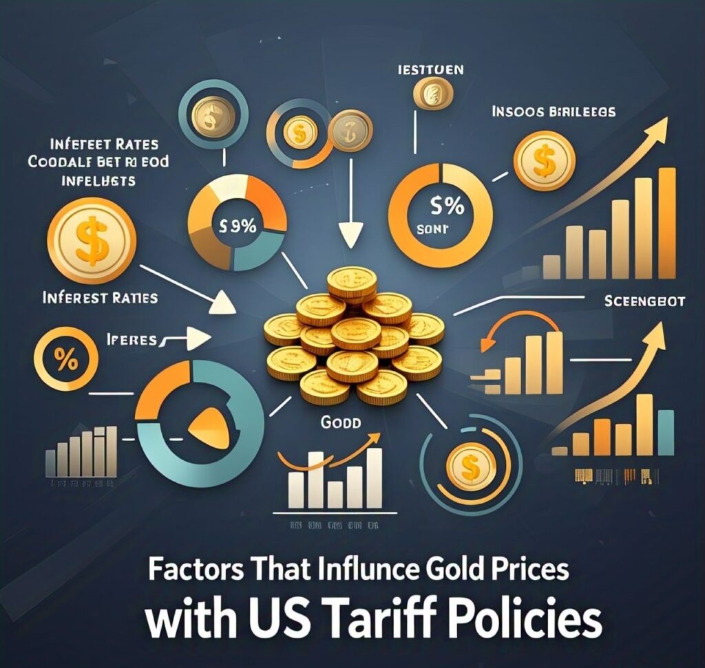 "Visual of various factors like interest rates, inflation, and US dollar strength influencing gold prices with a central image of gold coins."