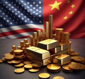 A visually striking image featuring a combination of US and Chinese flags in the background, with gold bars and coins in the foreground. A rising market graph is incorporated into the design, symbolizing the impact of US tariff policies and the global gold market. The image should feel dynamic and impactful, with a professional look that conveys the relationship between tariffs and gold prices. The gold elements should be highlighted to reflect the subject of the article. This image will serve as an eye-catching feature for the article and align with its theme.