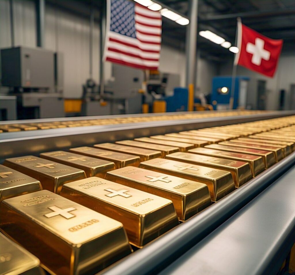 "Swiss gold bars ready for export to the US, with flags of both countries."