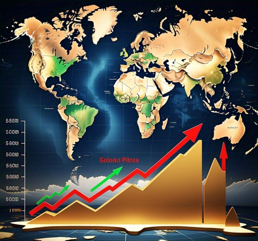 "Fluctuating gold price graph with global map highlighting Switzerland and the US."