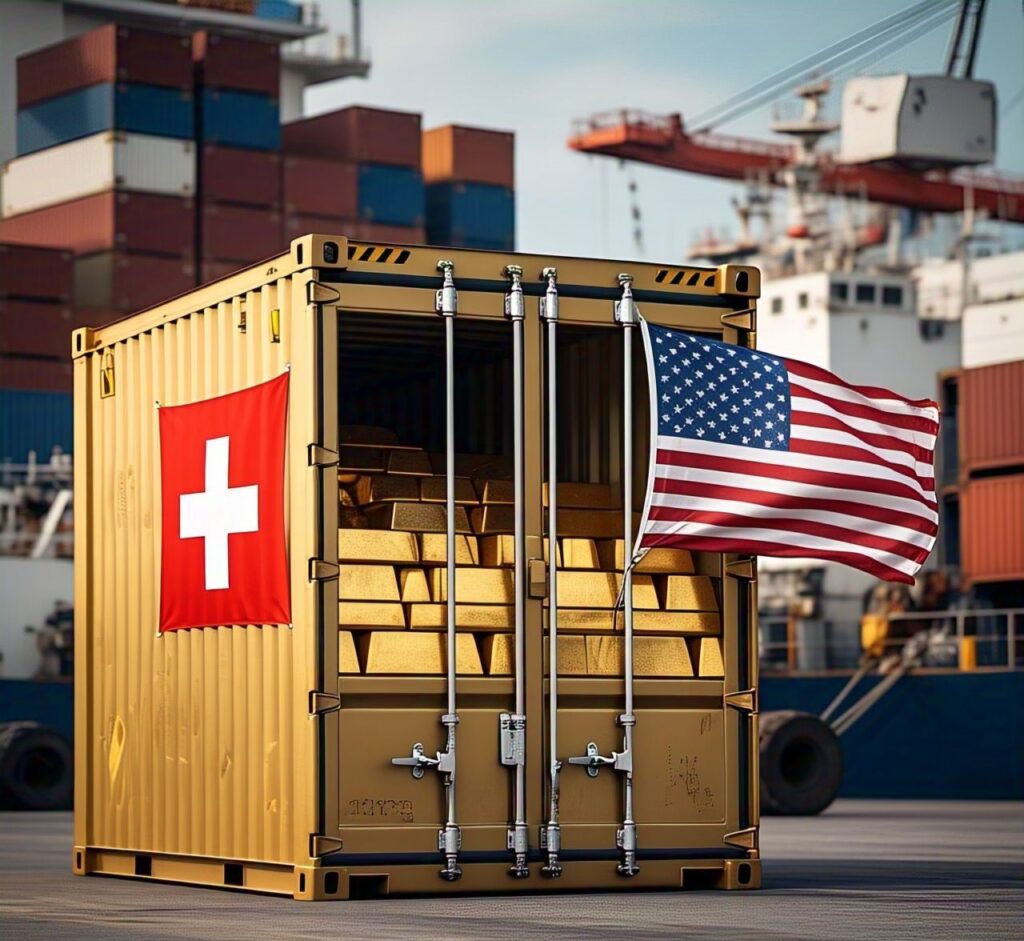"Gold shipment container with Swiss and US flags showing import process."