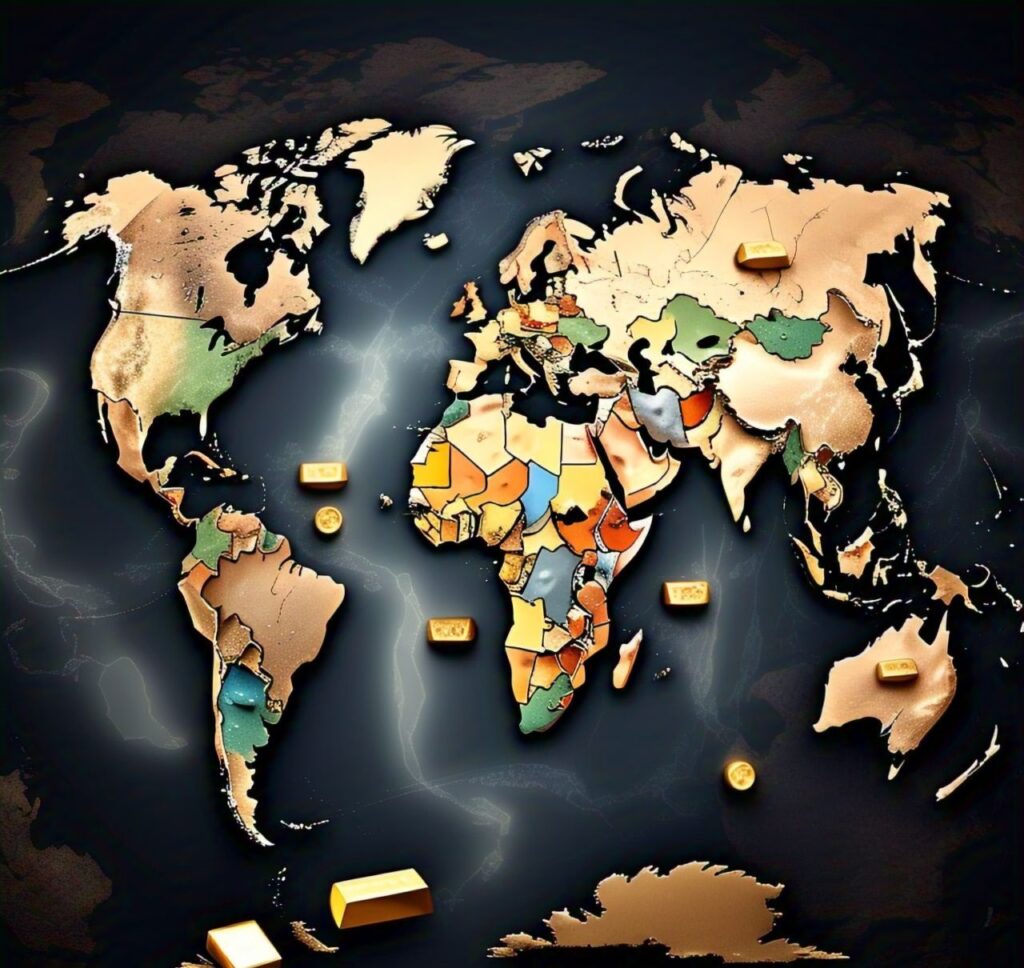 "World map with rising gold prices and gold bars representing global impact."