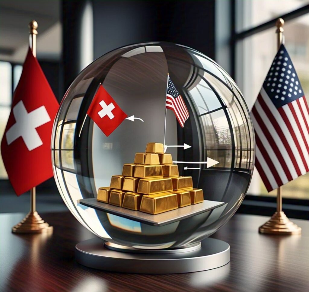 "Crystal ball showing future gold export trends with Swiss and US flags."