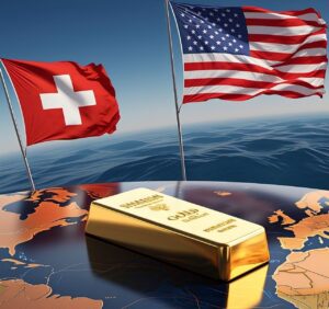 Swiss gold bar with the American flag, symbolizing the surge in gold exports from Switzerland to the US in December 2024.