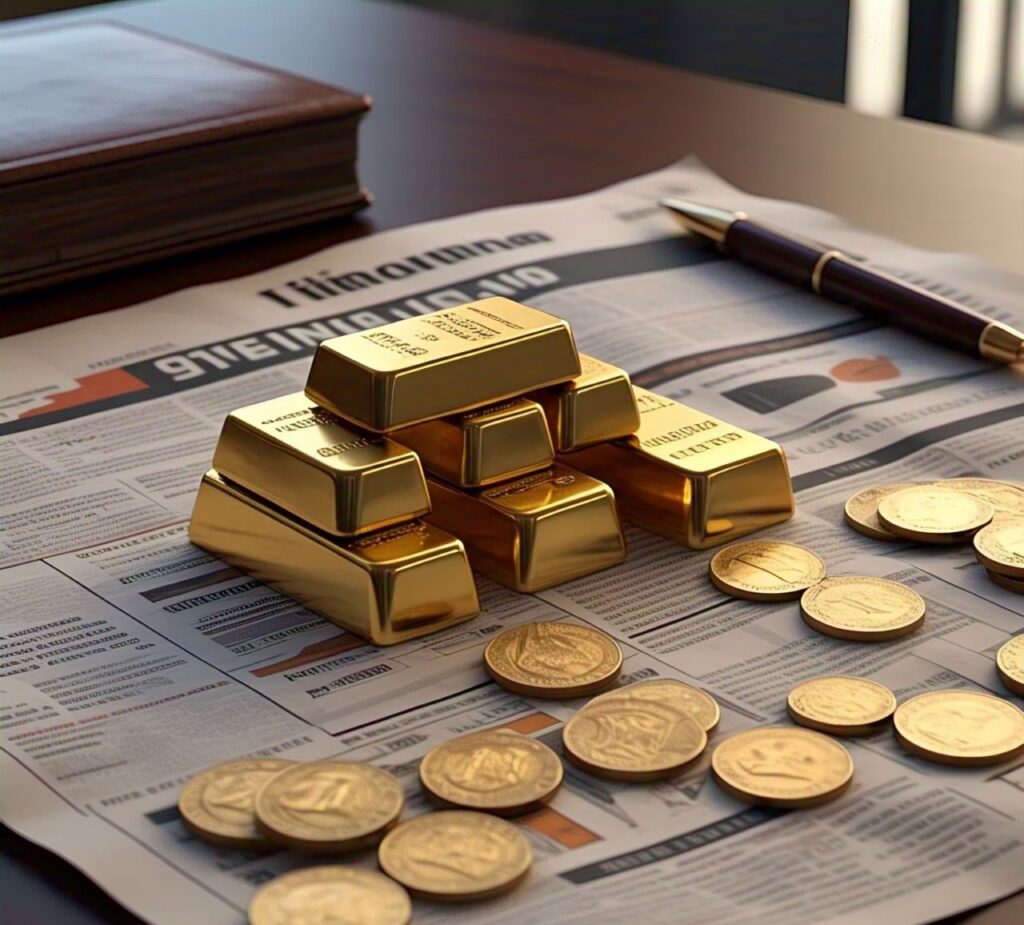 Latest gold prices today - Gold bars and coins placed on financial newspaper showing market trends