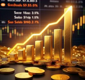 A golden bar graph showing the rise in gold prices with glowing gold coins and a digital stock market screen in the background, symbolizing financial growth and investment trends.