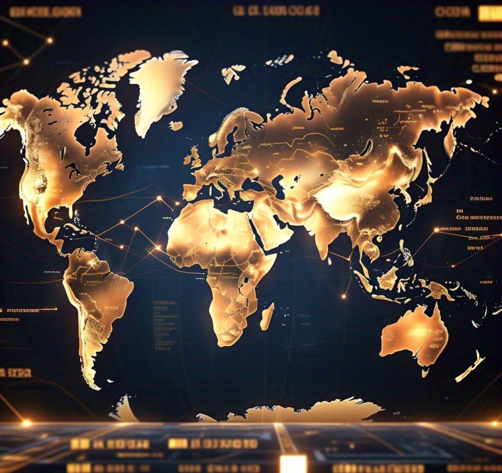 "A digital world map highlighting major gold trading hubs like New York, London, and Dubai with golden tones, featuring fluctuating gold price graphs overlayed in the background."