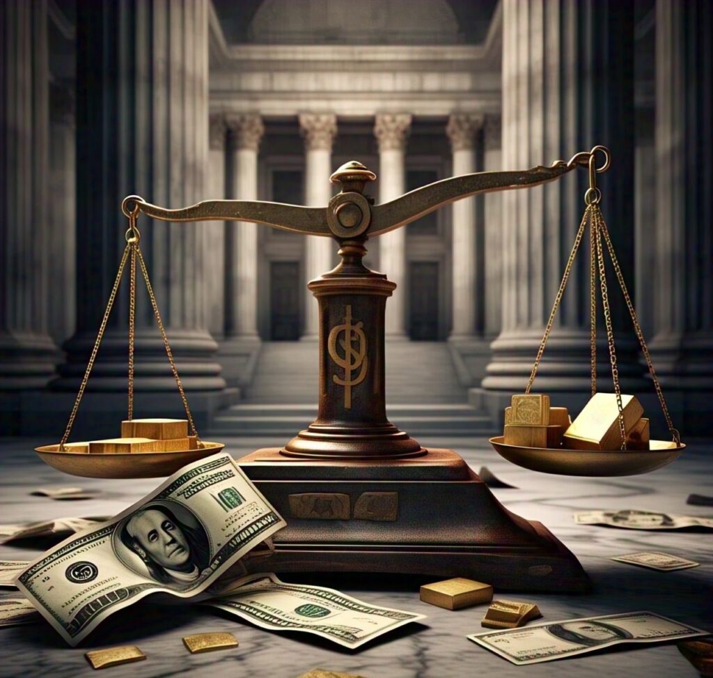 A conceptual image showing the impact of the US economy on gold prices, featuring a weakening US dollar bill, a balance scale with gold bars and currency, and the Federal Reserve building in the background."