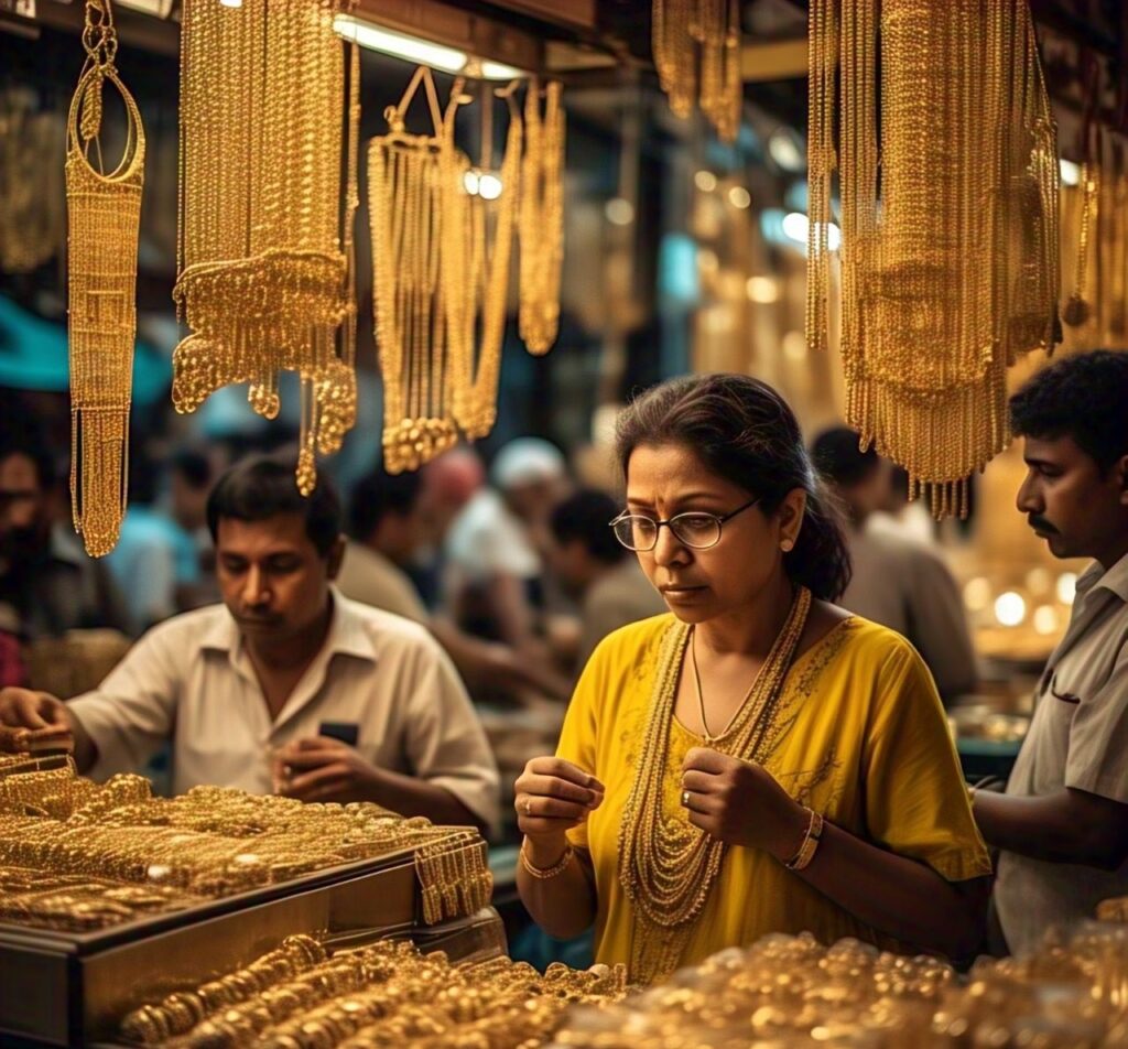 "A lively Pakistani gold market with traditional jewelry shops, gold ornaments on display, and people actively buying and selling gold in a vibrant bazaar setting."